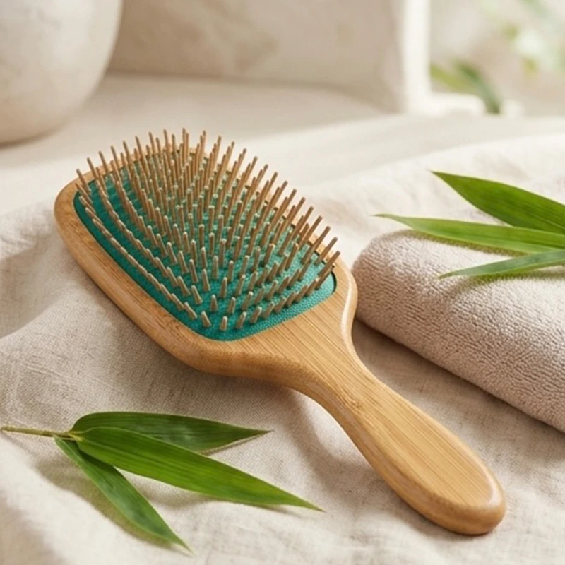 Brosse &agrave; cheveux en bambou &eacute;cologique, coussin vert avec &eacute;pingles en bois