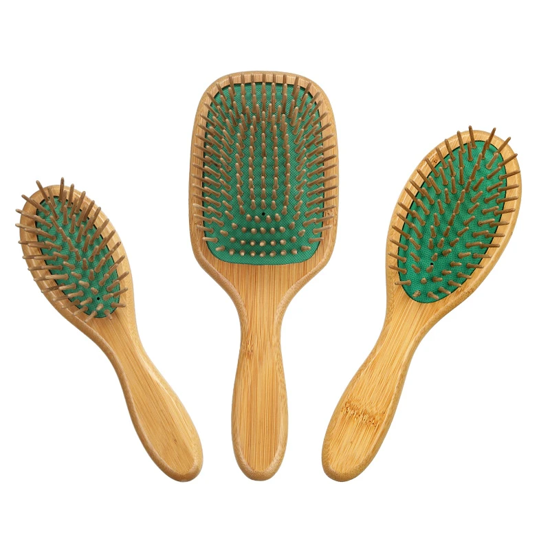 Brosse &agrave; cheveux en bambou &eacute;cologique, coussin vert avec &eacute;pingles en bois