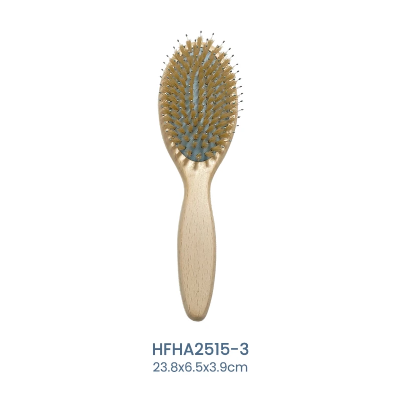 Brosse &agrave; cheveux en bois de h&ecirc;tre blanc avec coussin bleu