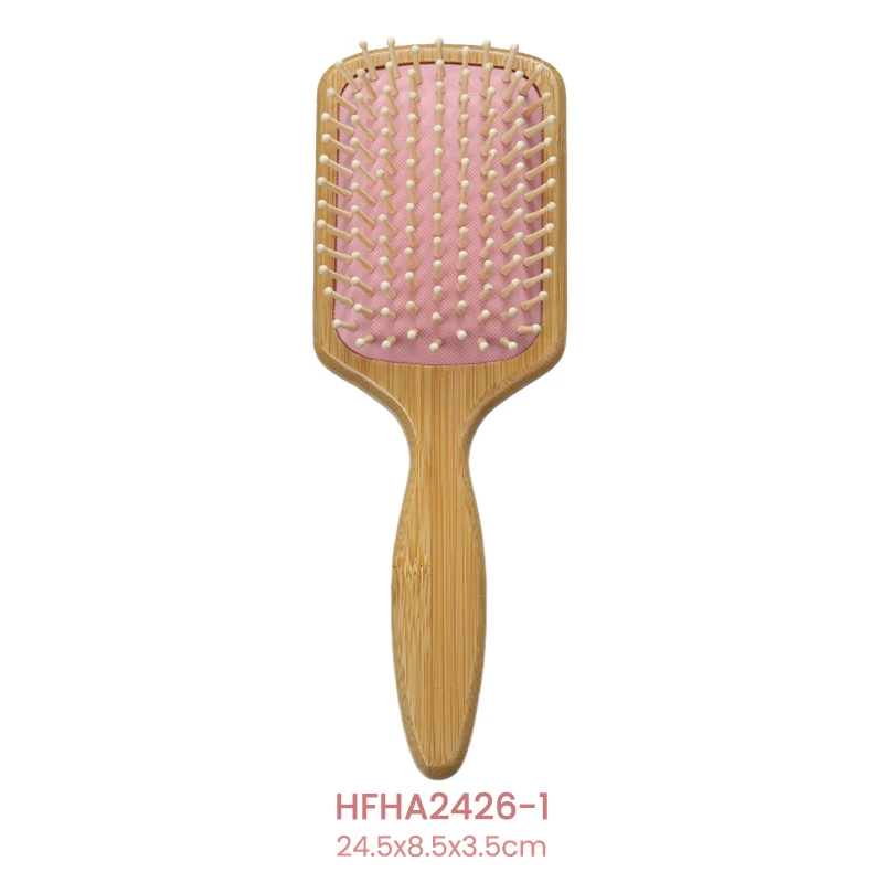 Brosse &agrave; cheveux en bambou FSC, coussin rose avec diff&eacute;rentes broches de massage