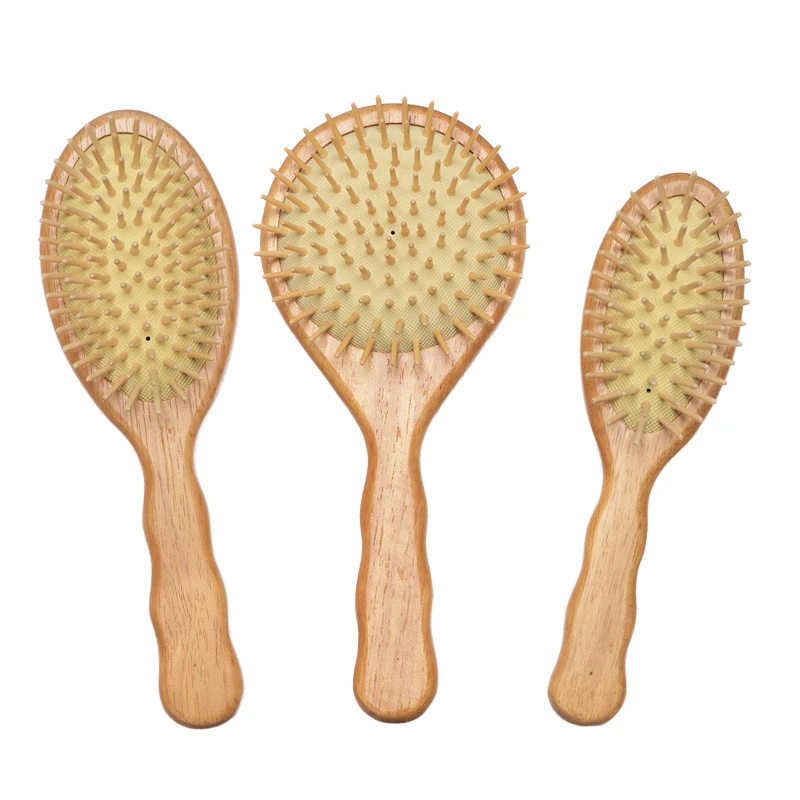 Brosse &agrave; cheveux &agrave; manche ondul&eacute; en bois d'h&eacute;v&eacute;a, options de t&ecirc;te ronde/rectangulaire/ovale disponib