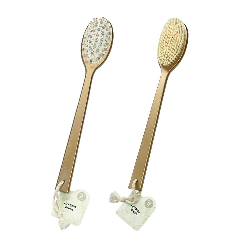 Brosse de bain en bois &agrave; long manche dor&eacute;, massage 2 en 1