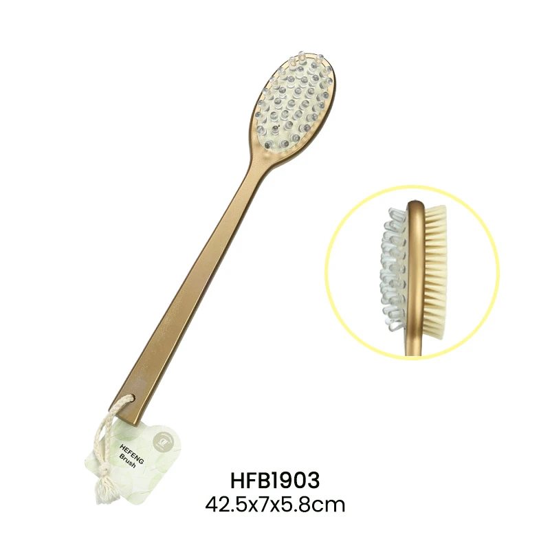 Brosse de bain en bois &agrave; long manche dor&eacute;, massage 2 en 1