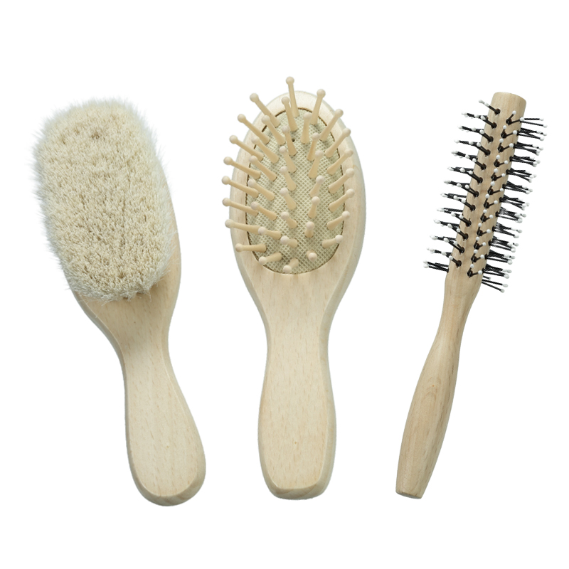Ensemble de brosses pour b&eacute;b&eacute; en bois de h&ecirc;tre blanc personnalis&eacute; (3 pi&egrave;ces)