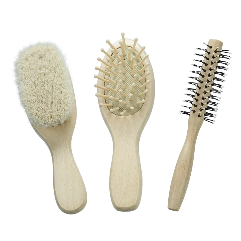 Ensemble de brosses pour b&eacute;b&eacute; en bois de h&ecirc;tre blanc personnalis&eacute; (3 pi&egrave;ces)