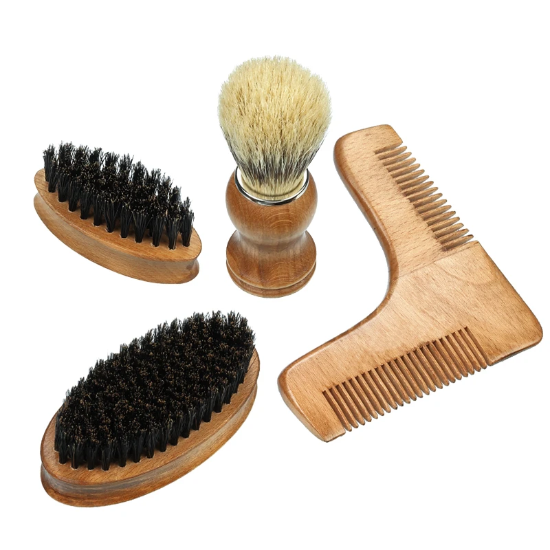 Ensemble de 4 pinceaux pour hommes : blaireau, brosse &agrave; barbe &agrave; poils en deux tailles, peigne &agrave; barb