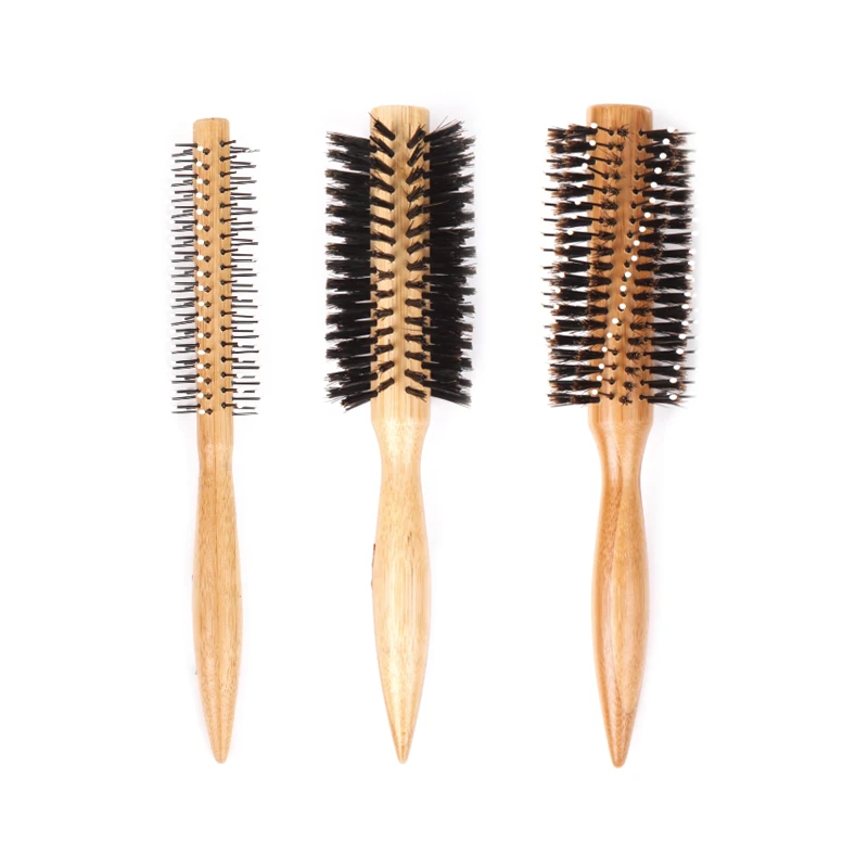 Brosse coiffante ronde &agrave; queue pointue en bambou FSC, poils de sanglier mixtes en spirale et &eacute;pingle
