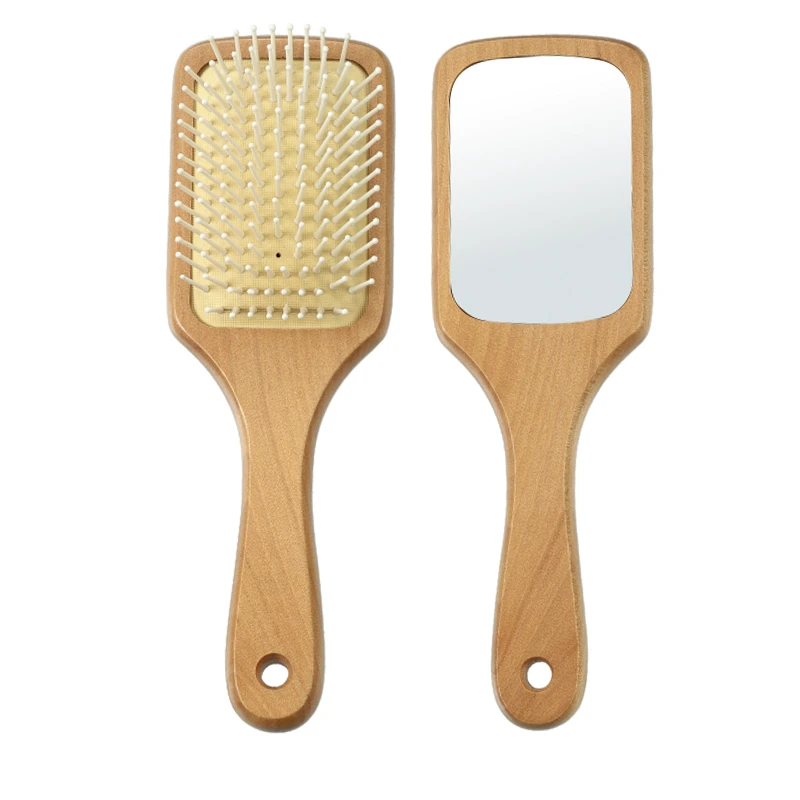 Brosse &agrave; cheveux professionnelle &agrave; 2 faces en bois avec miroir