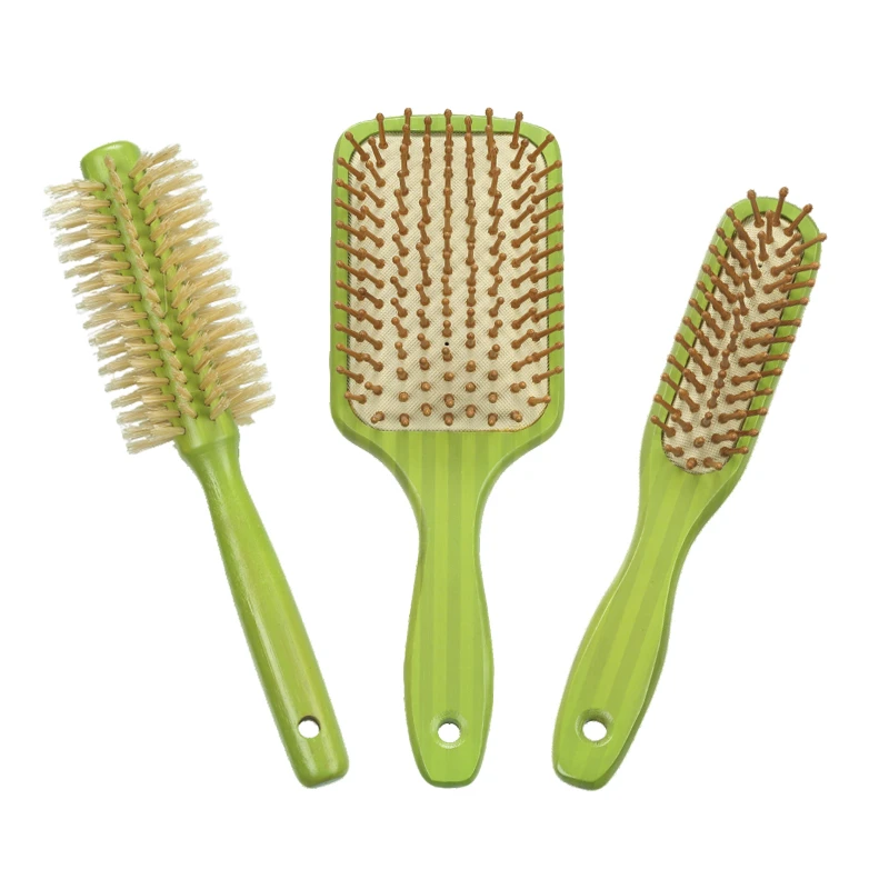 Ensemble de brosses &agrave; cheveux 100&nbsp;% bambou &agrave; rayures vertes bicolores avec diff&eacute;rents poils
