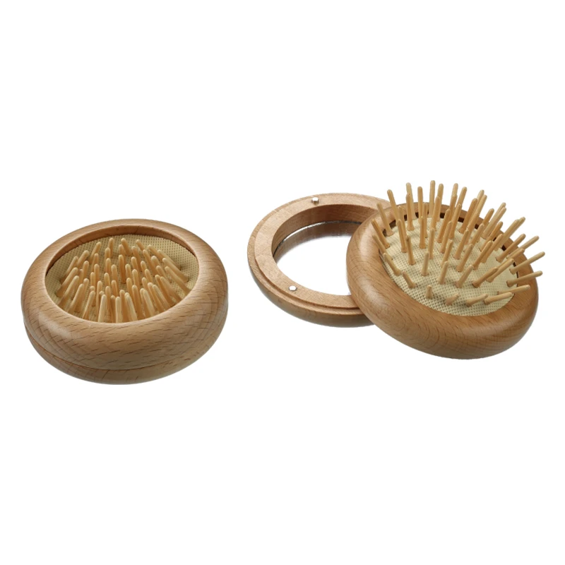 Brosse &agrave; cheveux pliante en bois 2 en 1 avec miroir