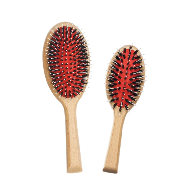 Brosse &agrave; cheveux &agrave; coussin ovale en bois de h&ecirc;tre naturel avec coussin rouge