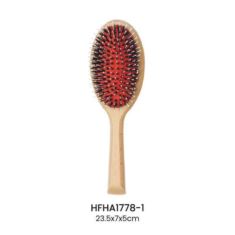Brosse &agrave; cheveux &agrave; coussin ovale en bois de h&ecirc;tre naturel avec coussin rouge