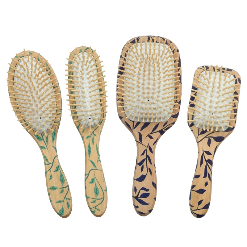 Brosse &agrave; coussin d'air en bois &agrave; imprim&eacute; feuilles avec &eacute;pingles de massage en bois