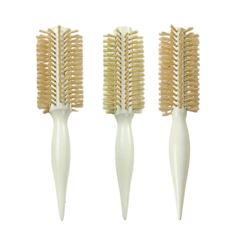 Brosse coiffante ronde en poils de sanglier naturels avec manche blanc brillant