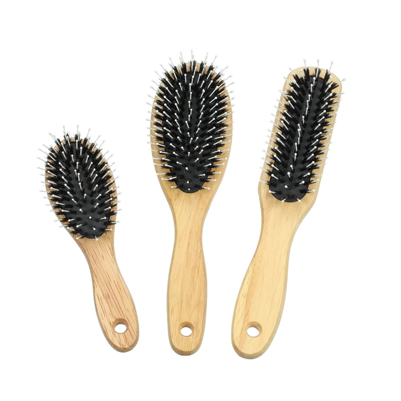 Brosse &agrave; cheveux de massage du cuir chevelu en bois d'h&eacute;v&eacute;a &agrave; deux poils