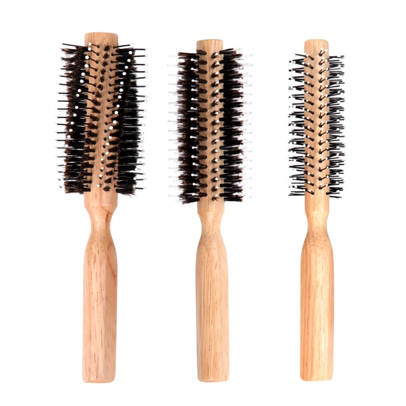 Brosse &agrave; cheveux ronde en bois d'h&eacute;v&eacute;a en spirale/droite avec poils de sanglier m&eacute;lang&eacute;s en nylon
