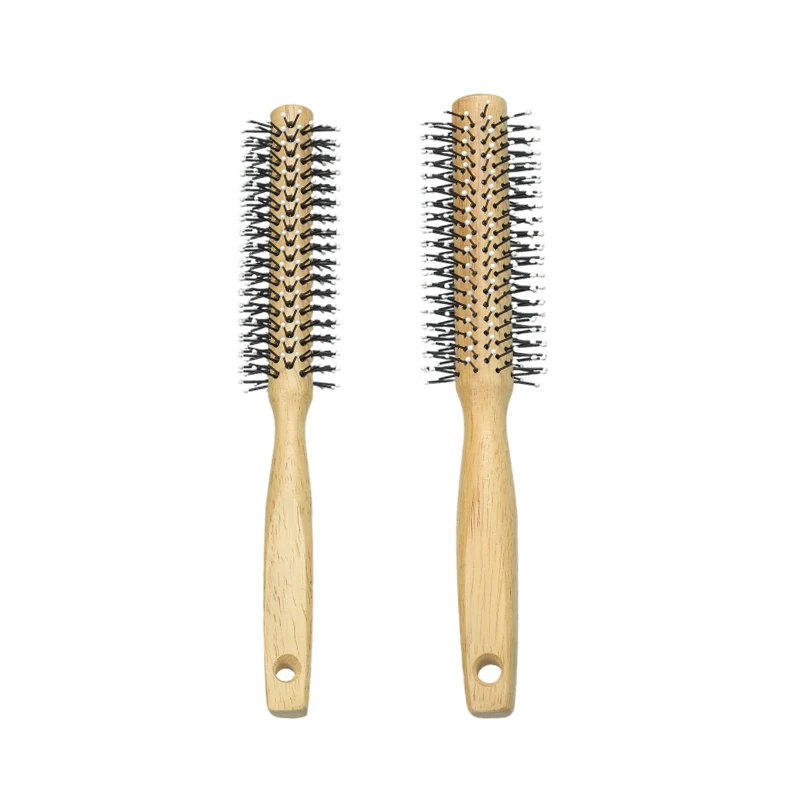 Brosse &agrave; cheveux cylindrique en bois et nylon avec &eacute;pingles en caoutchouc
