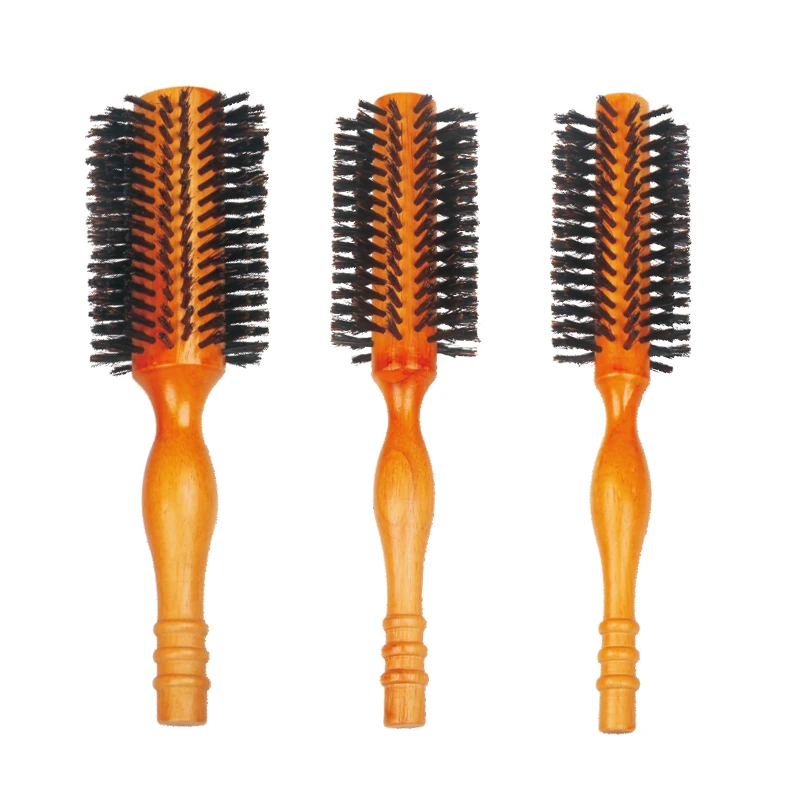 Brosse coiffante ronde ergonomique en poils de sanglier en bois d'h&eacute;v&eacute;a