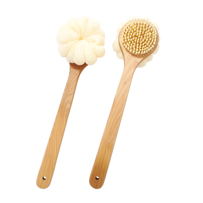 Brosse pour le corps en bois 2 en 1 avec boule &eacute;ponge de bain