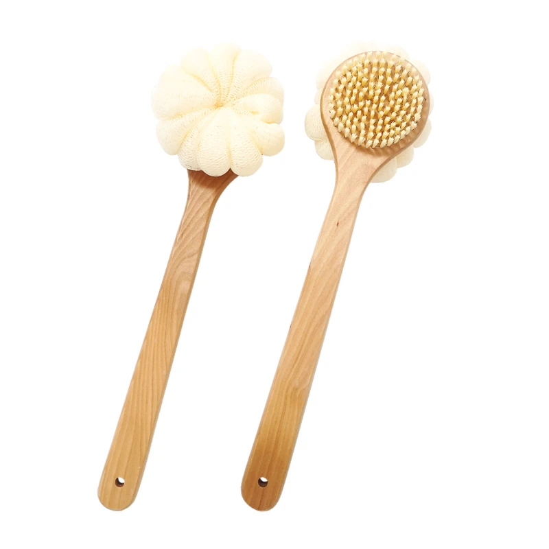 Brosse pour le corps en bois 2 en 1 avec boule &eacute;ponge de bain